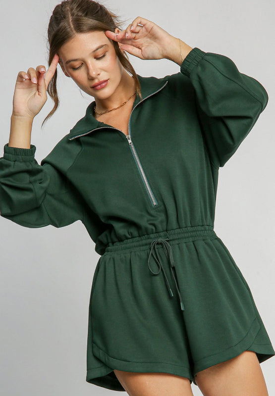 Drawstring Half Zip Long Sleeve Romper-TOPS / DRESSES-[Adult]-[Female]-2022 Online Blue Zone Planet