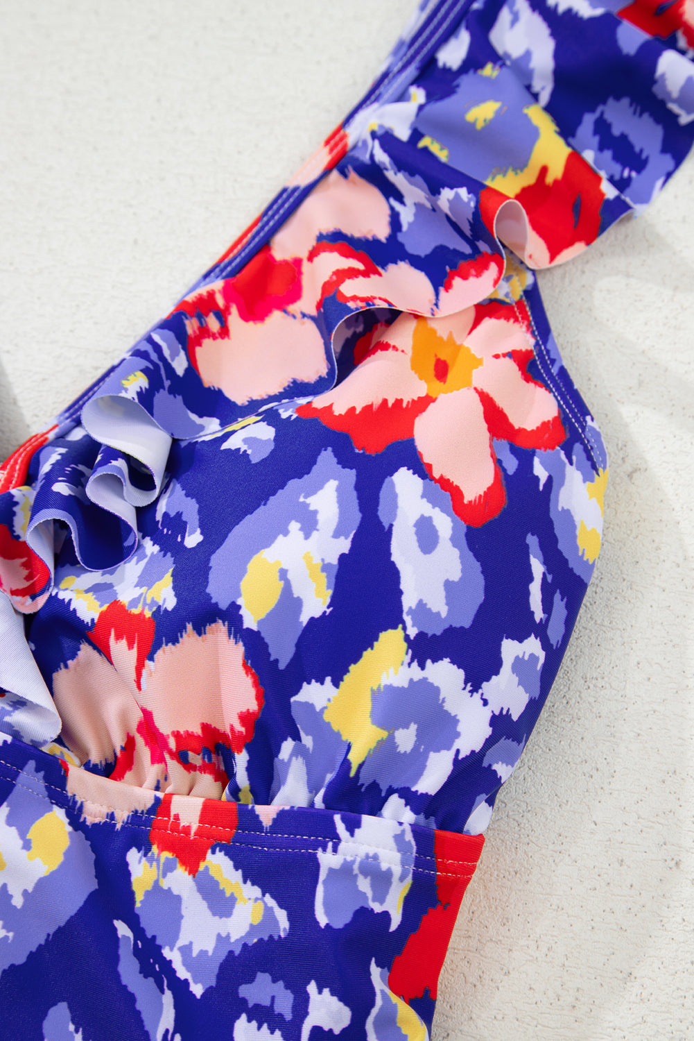 Blue Floral Ruffle Trim V Neck Lace-Up Back Tummy Control One Piece Swimsuit-Swimwear/One Piece Swimsuit-[Adult]-[Female]-2022 Online Blue Zone Planet