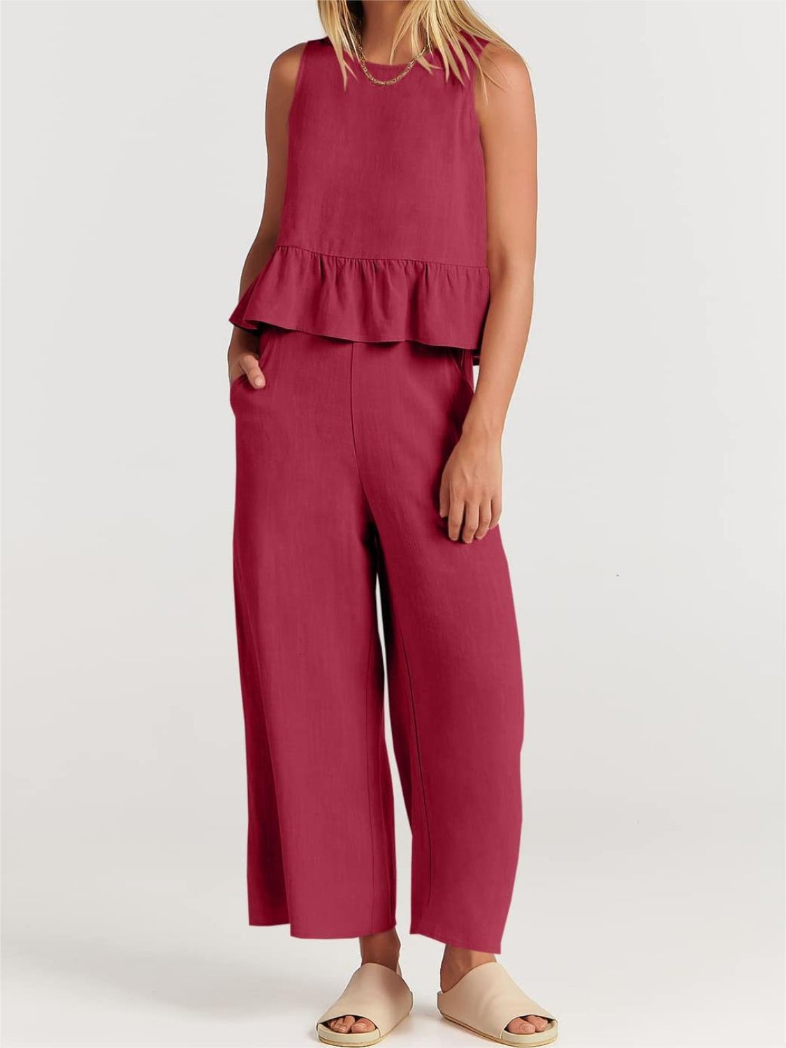 Blue Zone Planet | Full Size Round Neck Top and Wide Leg Pants Set-TOPS / DRESSES-[Adult]-[Female]-Hot Pink-S-2022 Online Blue Zone Planet