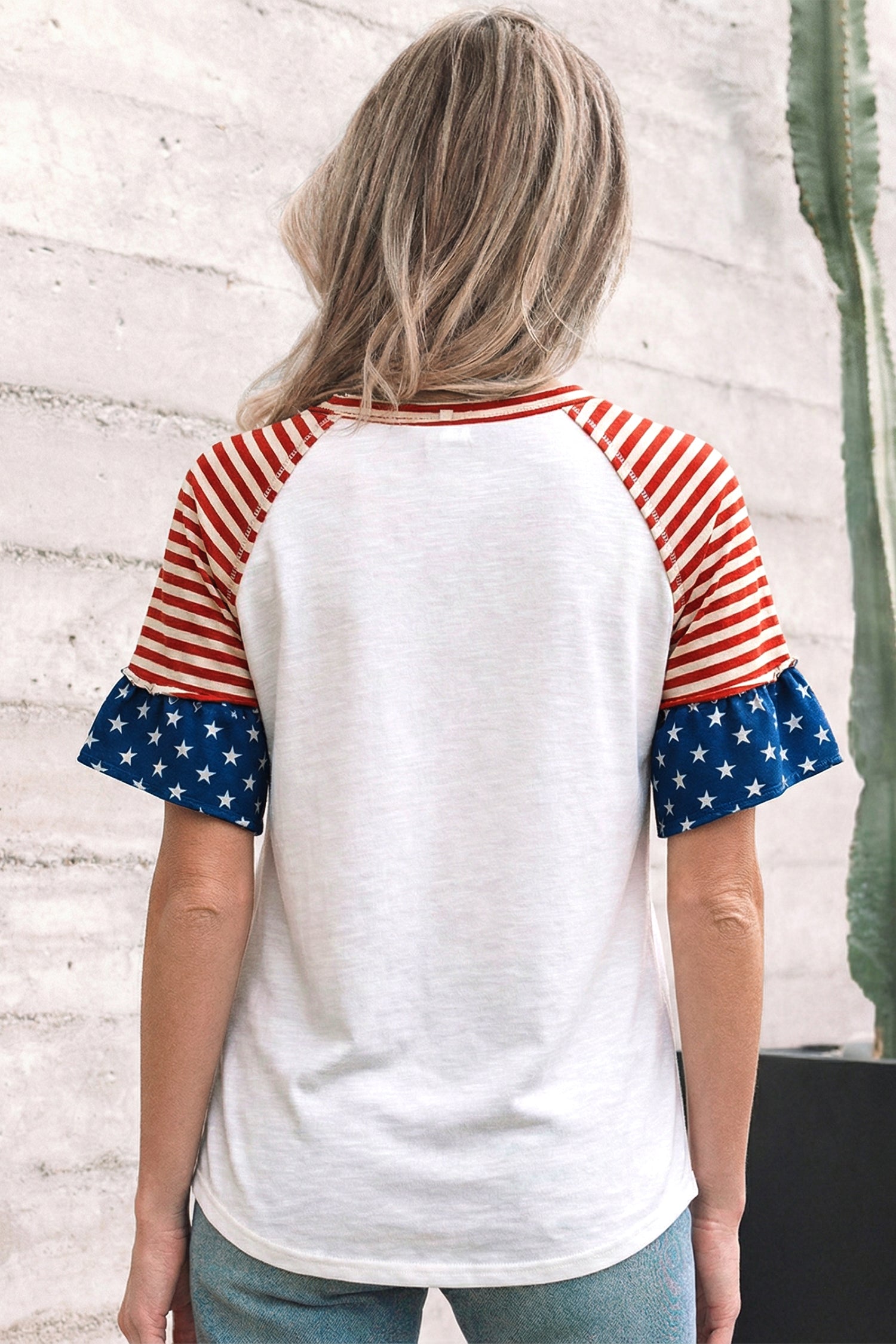 Fiery Red Star Detail Flag Inspired Short Sleeve Top-Tops/Tops & Tees-[Adult]-[Female]-2022 Online Blue Zone Planet