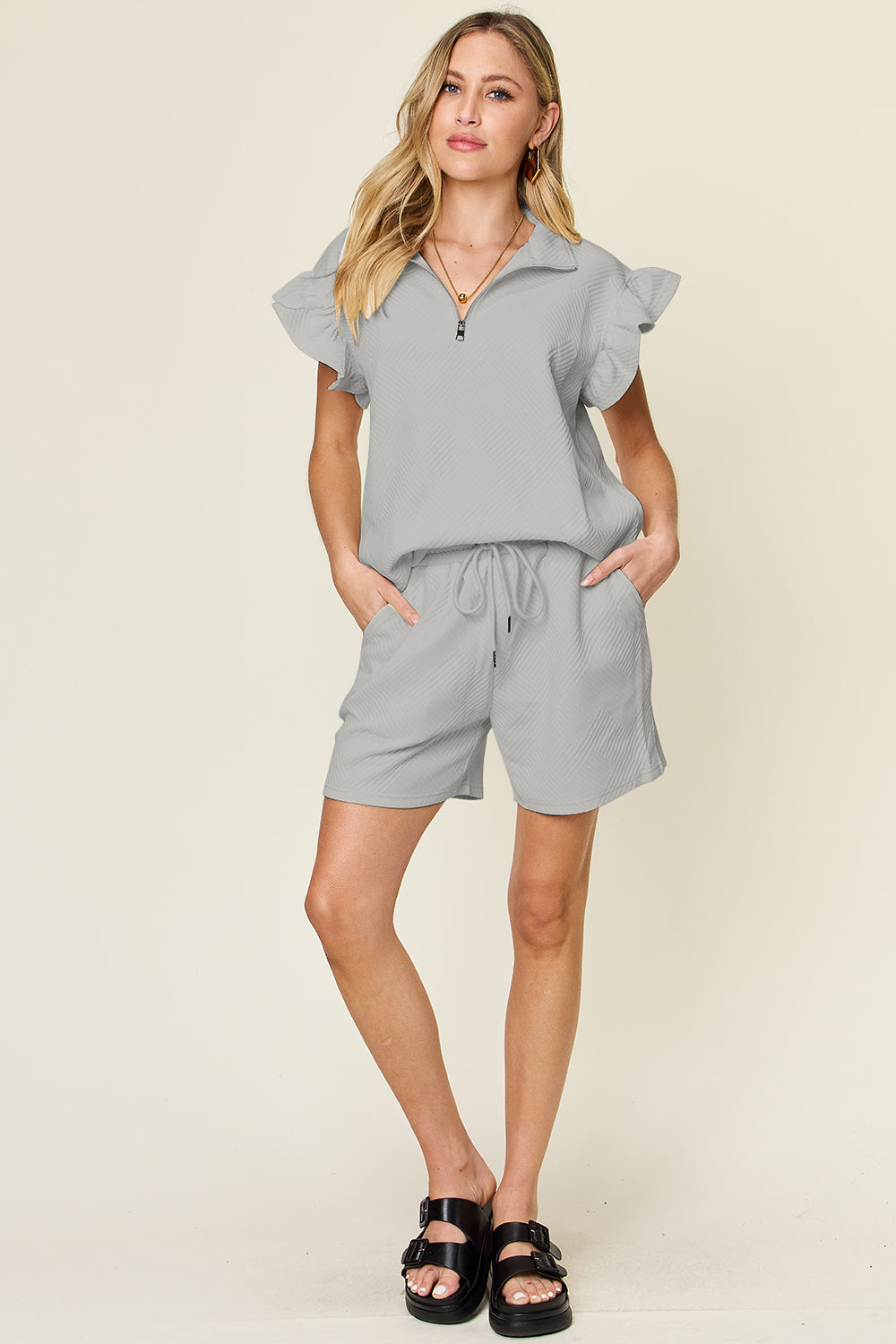 Double Take Full Size Texture Flounce Sleeve Top and Drawstring Shorts Set-TOPS / DRESSES-[Adult]-[Female]-2022 Online Blue Zone Planet