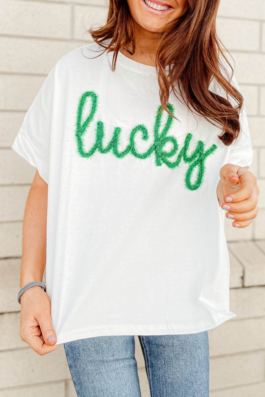 White Lucky Tinsel Graphic St Patrick Fashion Tee-Graphic/Graphic Tees-[Adult]-[Female]-White-S-2022 Online Blue Zone Planet