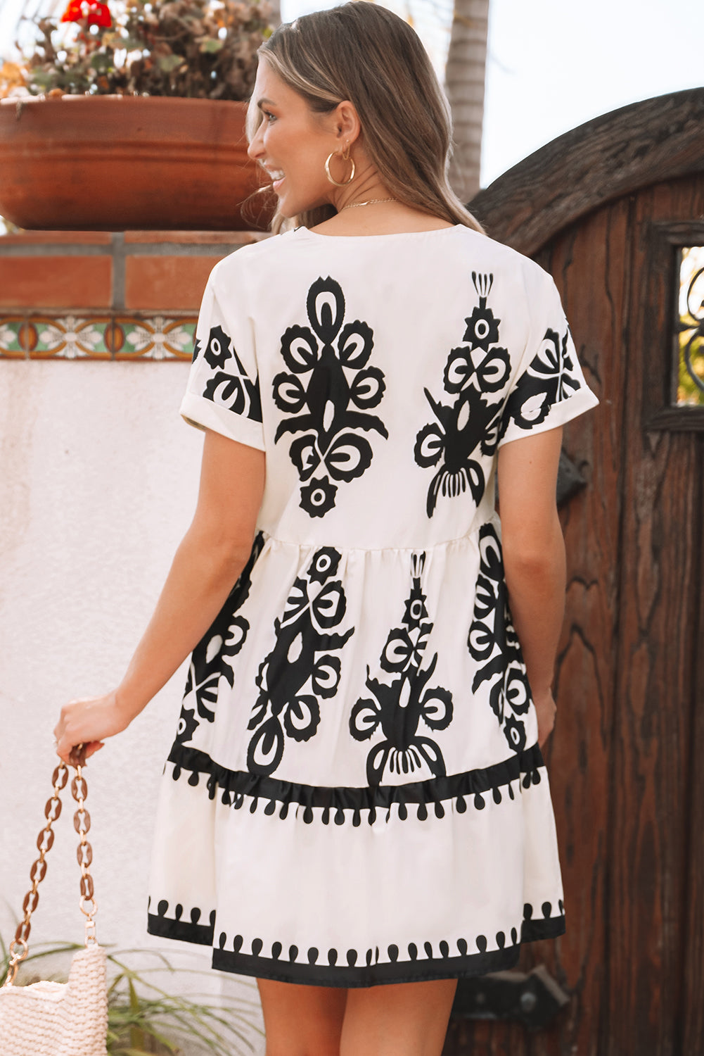 Black Vintage Print V Neck High Waist Short Sleeve Dress-Dresses/Mini Dresses-[Adult]-[Female]-2022 Online Blue Zone Planet