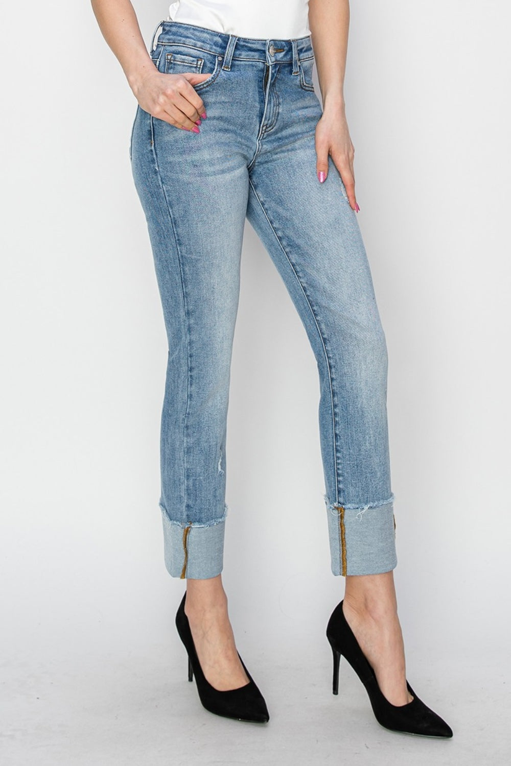 RISEN Full Size High Rise Cuffed Slim Straight Jeans-[Adult]-[Female]-2022 Online Blue Zone Planet