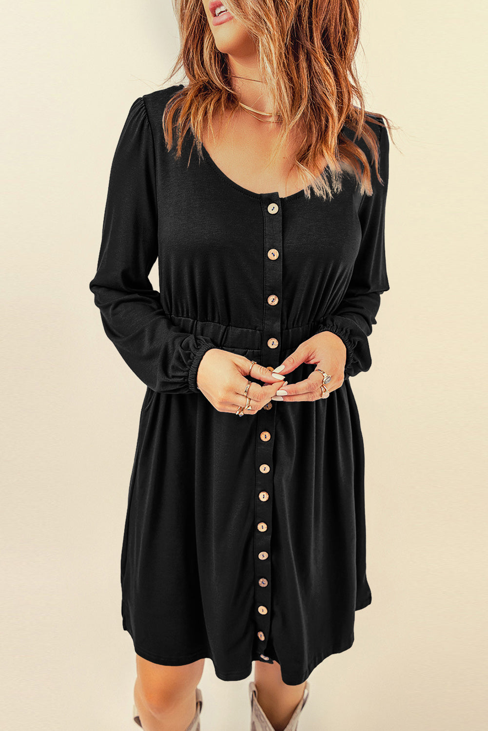 Yellow Button Up High Waist Long Sleeve Dress Blue Zone Planet