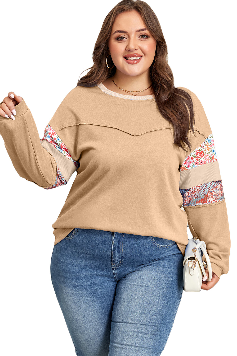 Khaki Exposed Seam Floral Mixed Patchwork Relaxed Plus Size Top-Plus Size/Plus Size Sweatshirts & Hoodies-[Adult]-[Female]-2022 Online Blue Zone Planet