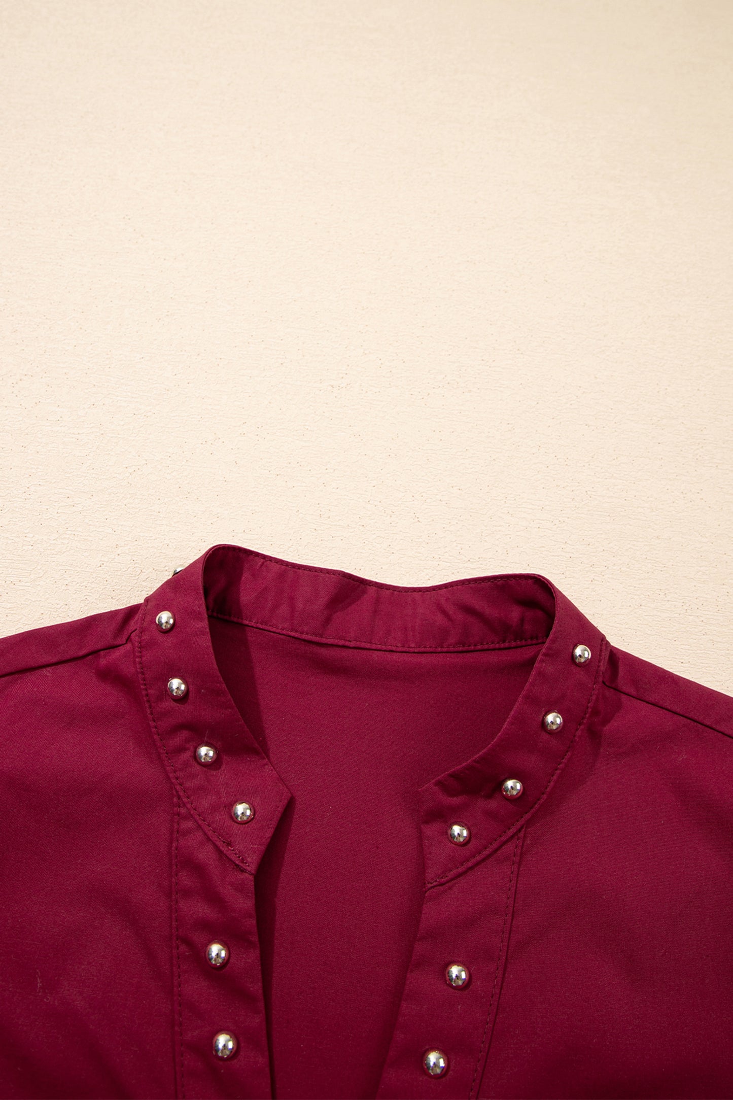 Burgundy Rivet Embellished V Neck Short Puff Sleeve Blouse-Tops/Blouses & Shirts-[Adult]-[Female]-2022 Online Blue Zone Planet