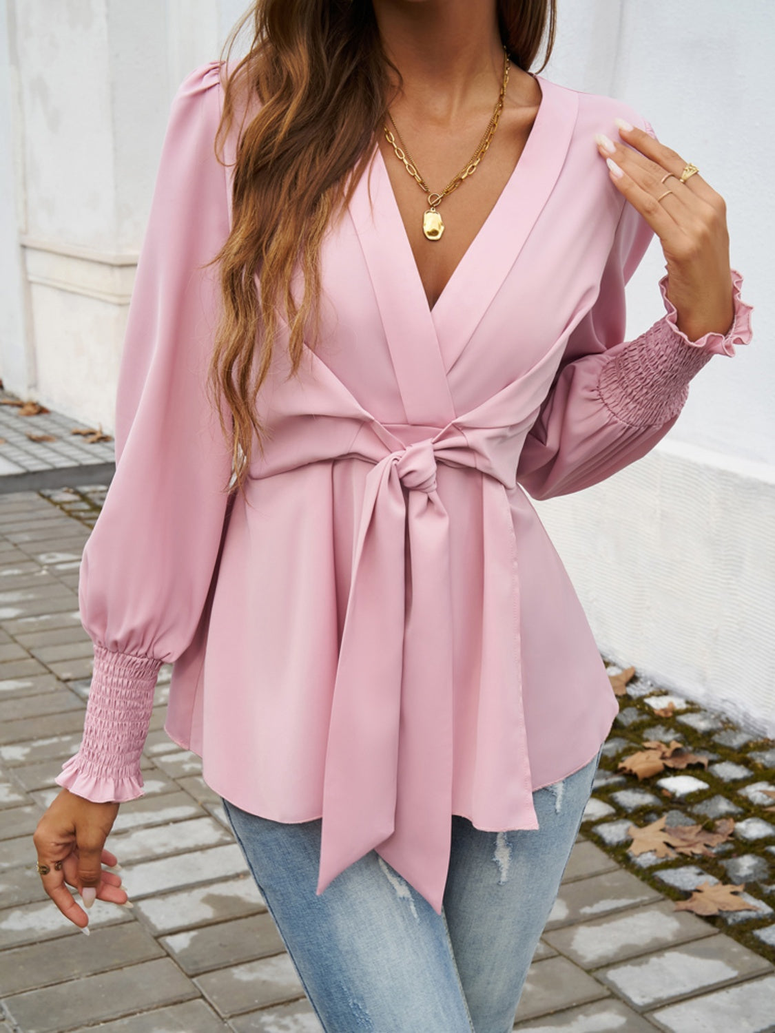 Blue Zone Planet | Smocked Surplice Long Sleeve Blouse-TOPS / DRESSES-[Adult]-[Female]-Dusty Pink-S-2022 Online Blue Zone Planet