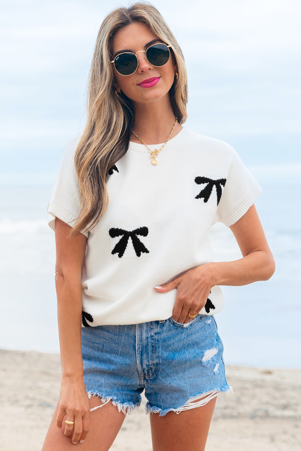 Black Bow Pattern Knit Short Sleeve Sweater-TOPS / DRESSES-[Adult]-[Female]-2022 Online Blue Zone Planet