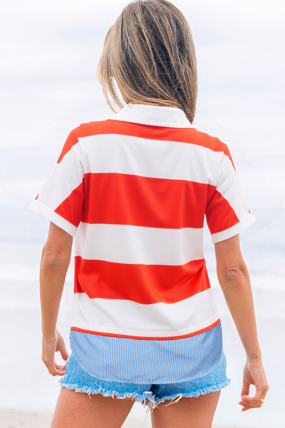 Red Stripe Collar V Neck Cuffed Dolman Short Sleeve Top-Tops/Blouses & Shirts-[Adult]-[Female]-2022 Online Blue Zone Planet