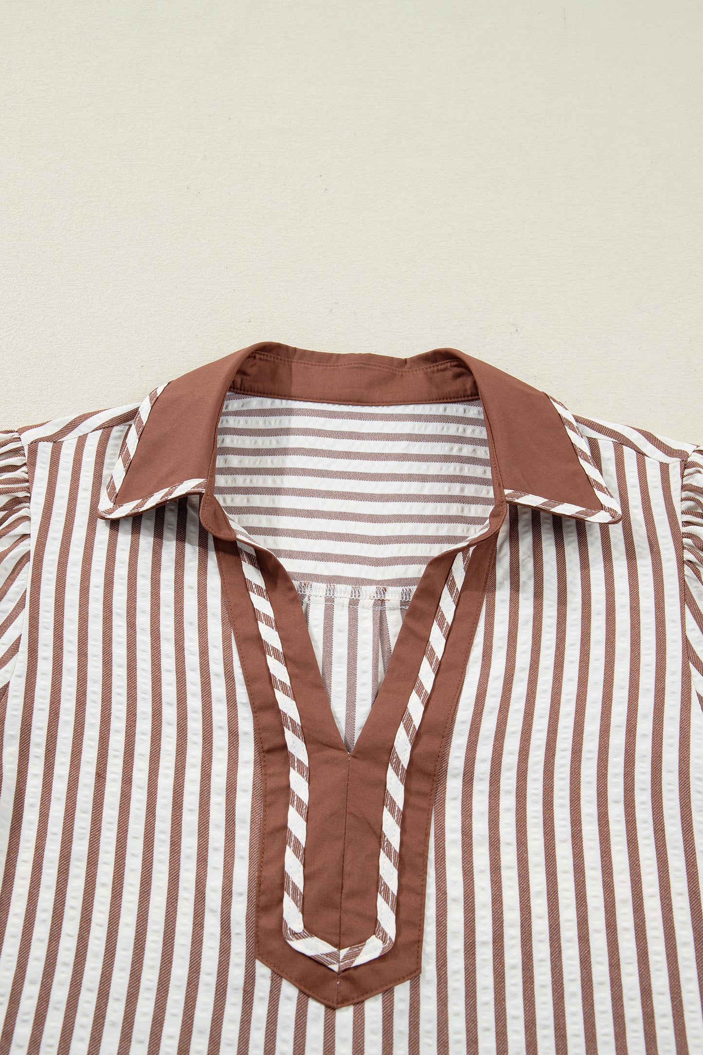 Khaki Stripe Collared Split Neck Short Bubble Sleeve Blouse-Tops/Blouses & Shirts-[Adult]-[Female]-2022 Online Blue Zone Planet