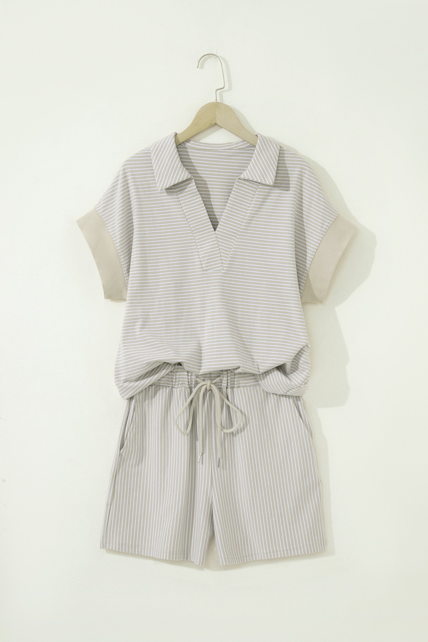Khaki Stripe Dolman Sleeve Polo Shirt and Drawstring Shorts Set-Two Piece Sets/Short Sets-[Adult]-[Female]-2022 Online Blue Zone Planet