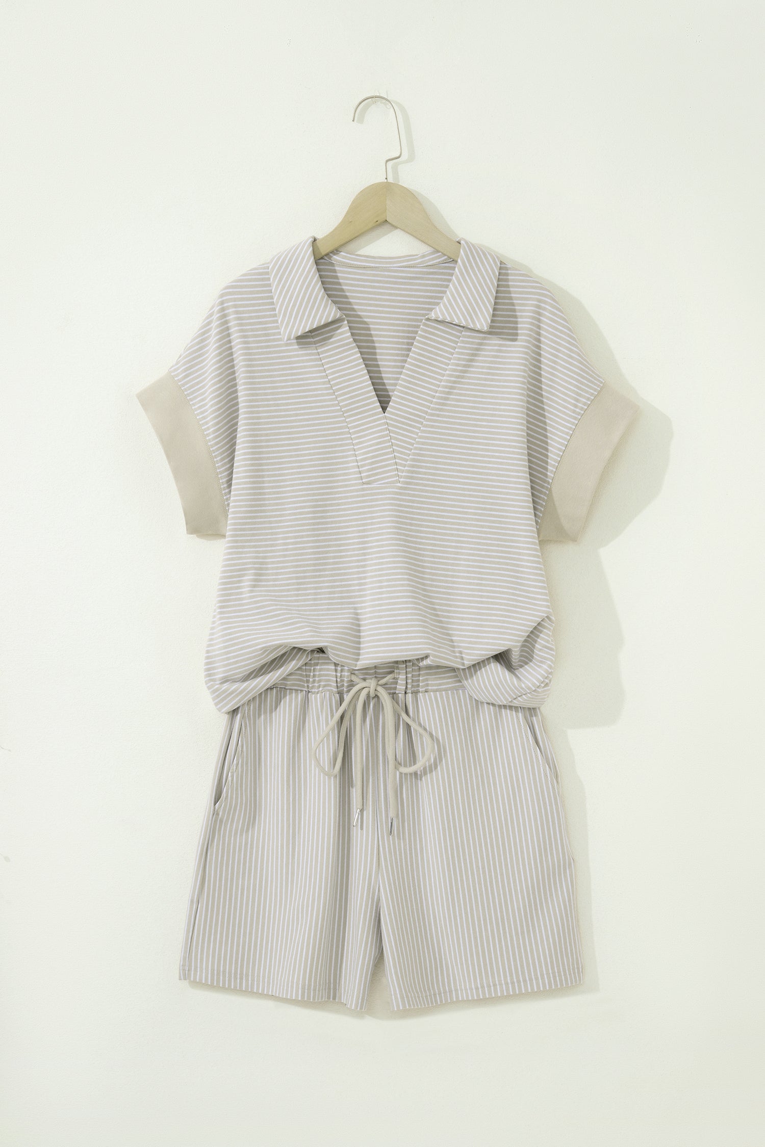 Khaki Stripe Dolman Sleeve Polo Shirt and Drawstring Shorts Set-Two Piece Sets/Short Sets-[Adult]-[Female]-2022 Online Blue Zone Planet