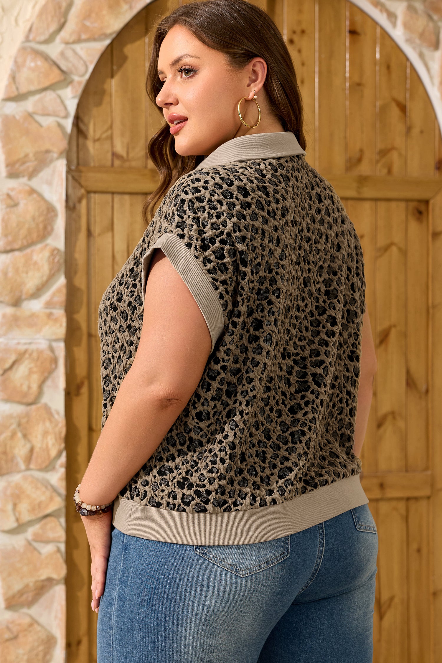 Beige Ribbed Patchwork Collar Cuffed Sleeve Leopard Plus Top-Plus Size/Plus Size Tops/Plus Size Tops & Tees-[Adult]-[Female]-2022 Online Blue Zone Planet