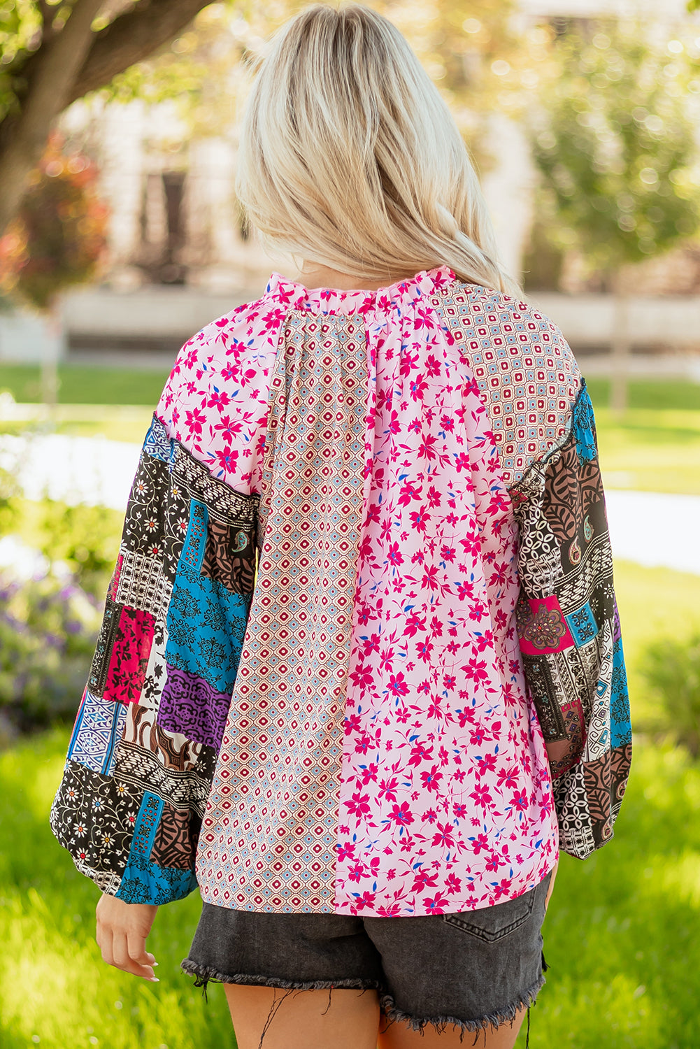 Pink Boho Mixed Floral Drop Shoulder Bubble Sleeve Blouse-Tops/Blouses & Shirts-[Adult]-[Female]-2022 Online Blue Zone Planet