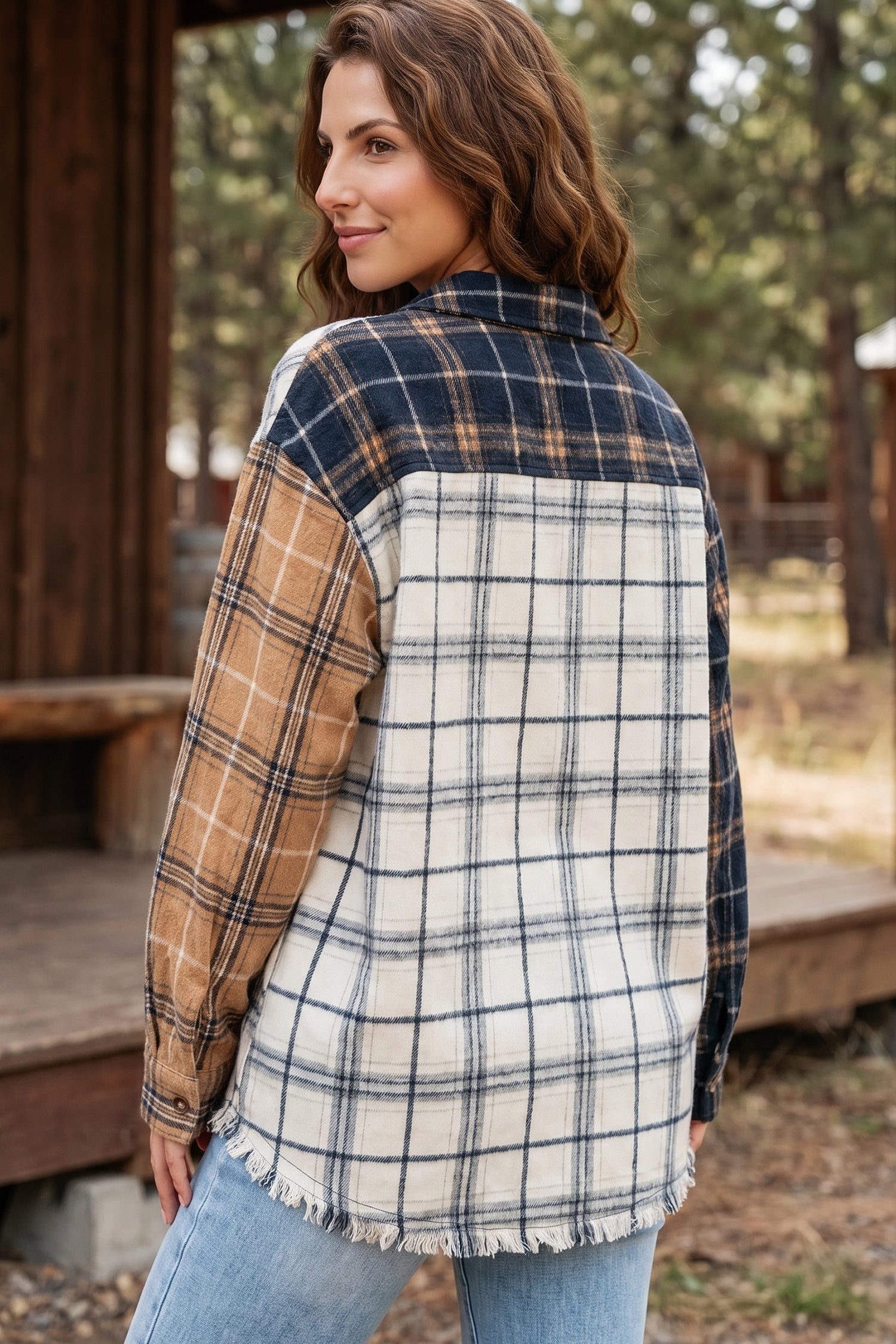 Multicolour Plaid Button-Up Long Sleeve Shift Silhouette Shacket-Outerwear/Plaid Shackets-[Adult]-[Female]-2022 Online Blue Zone Planet