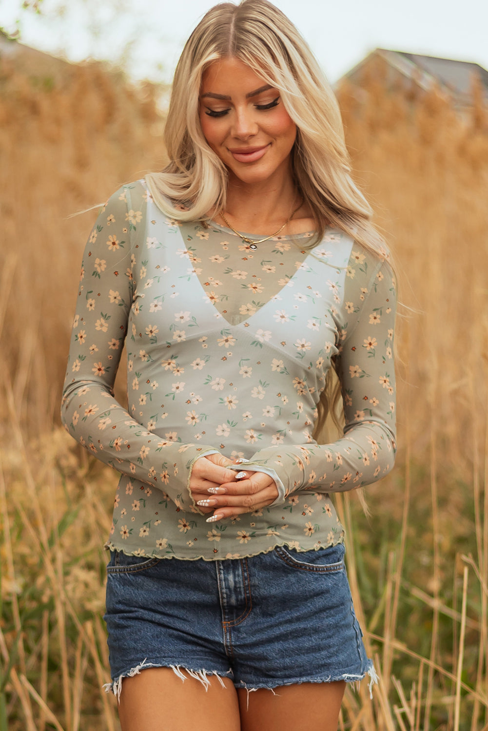 Laurel Green Vintage Floral Print Southern Style Mesh Long Sleeve Top-Tops/Long Sleeve Tops-[Adult]-[Female]-2022 Online Blue Zone Planet