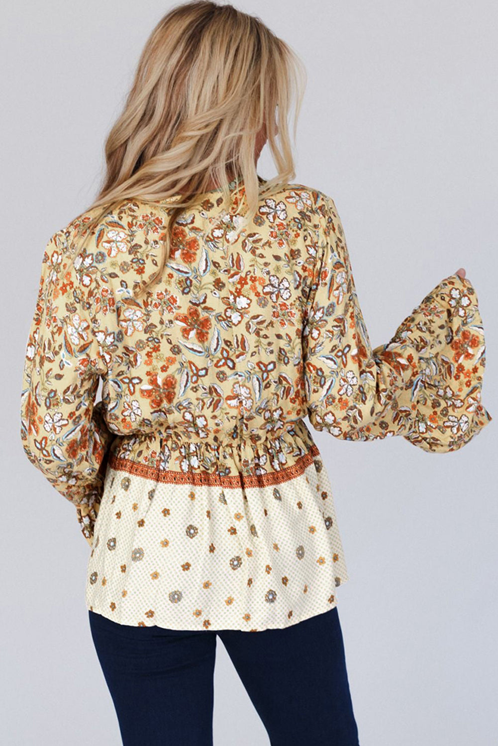 Blue Zone Planet | Yellow Printed Floral Bell Sleeve V Neck Wrapped Contrast Peplum Blouse-Tops/Blouses & Shirts-[Adult]-[Female]-2022 Online Blue Zone Planet