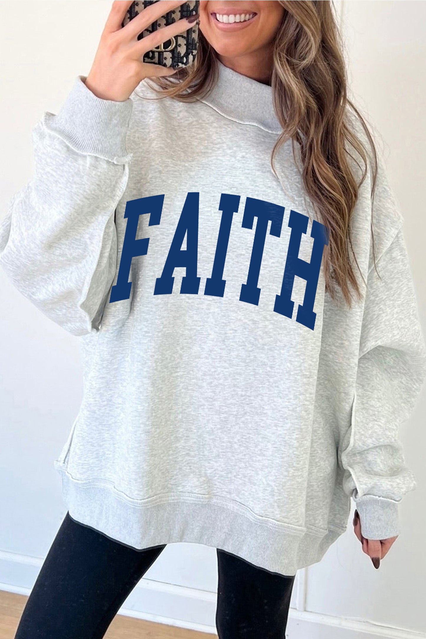Light Grey FAITH/ JESUS Double Side Letter Print Casual High Neck Sweatshirt-Graphic/Graphic Sweatshirts-[Adult]-[Female]-2022 Online Blue Zone Planet