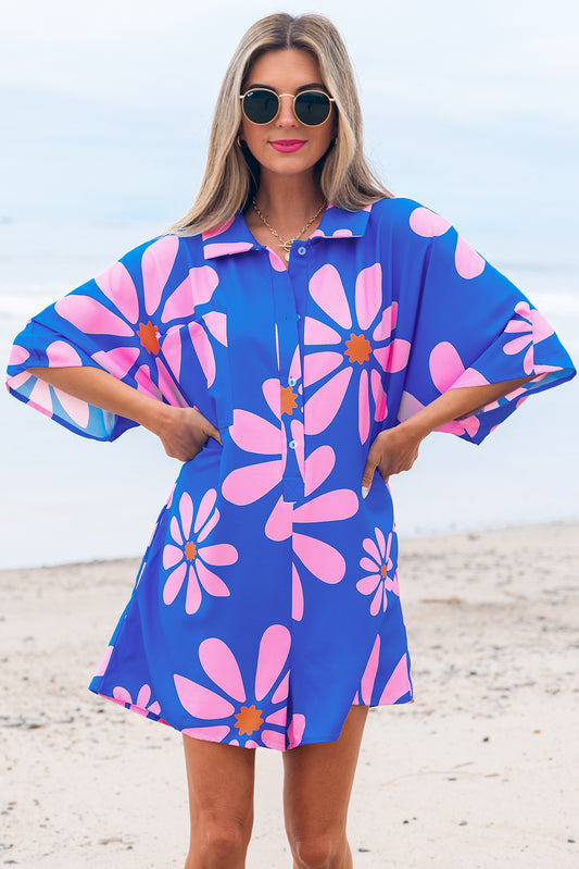 Blue Summer Flower Print Shirt Collar Button Front Loose Romper-Bottoms/Jumpsuits & Rompers-[Adult]-[Female]-Blue-S-2022 Online Blue Zone Planet