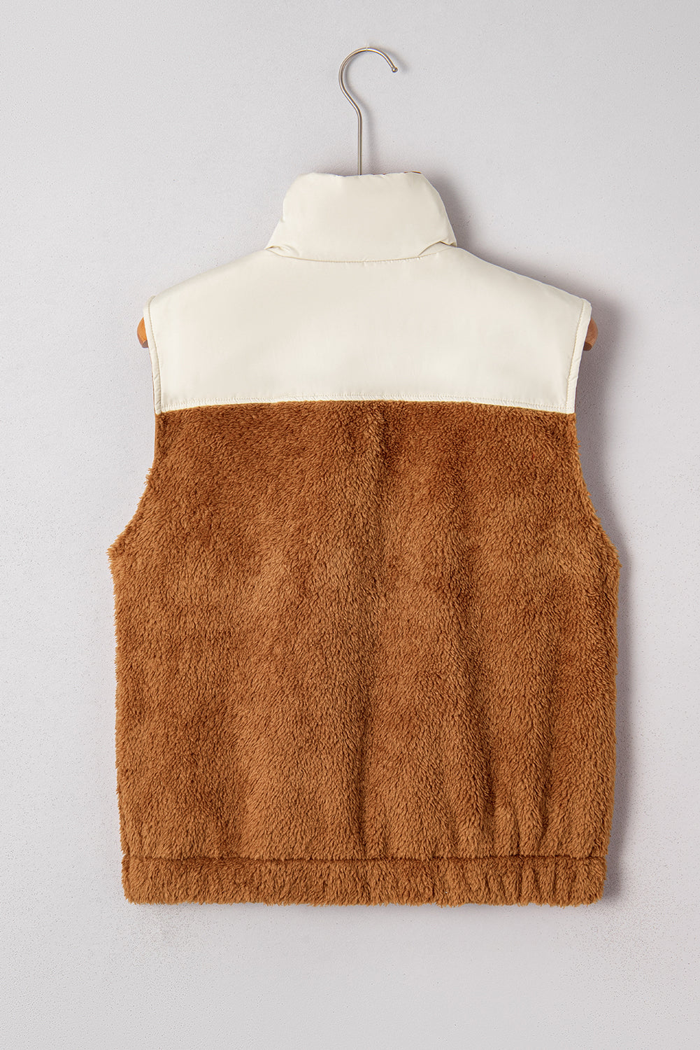 Chestnut Color Block Plush Patchwork Zipper Stand Neck Vest-Outerwear/Vests-[Adult]-[Female]-2022 Online Blue Zone Planet