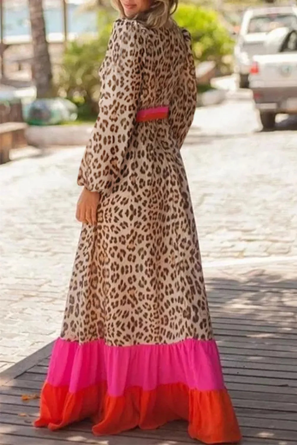 Leopard V-Neck Long Sleeve Maxi Dress-TOPS / DRESSES-[Adult]-[Female]-2022 Online Blue Zone Planet