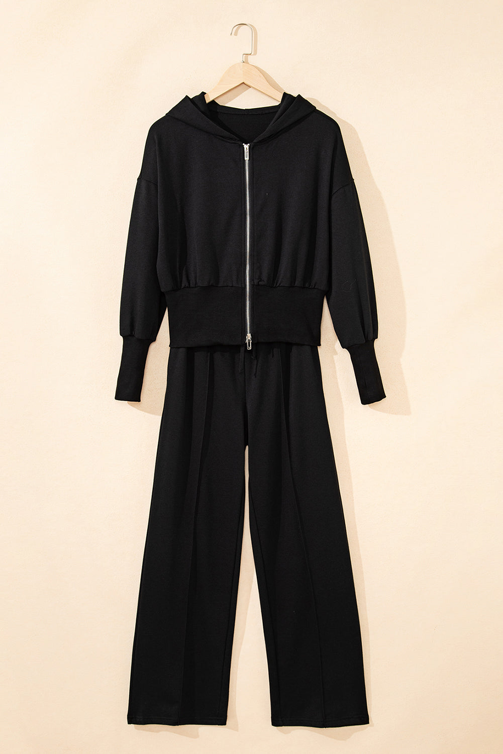 Black Double Zipper Hooded Jacket and Sweatpants Active Set-Tops / Dresses-[Adult]-[Female]-2022 Online Blue Zone Planet