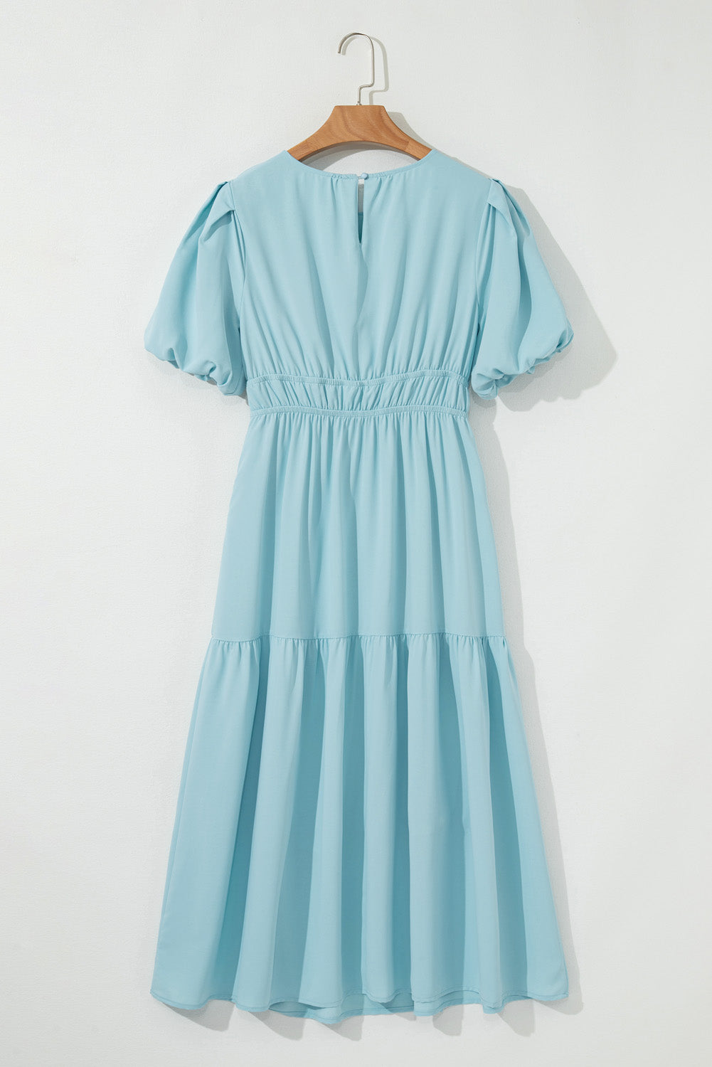 Light Blue Puff Sleeve Pleated High Waist Flowy Long Dress-Dresses/Maxi Dresses-[Adult]-[Female]-2022 Online Blue Zone Planet