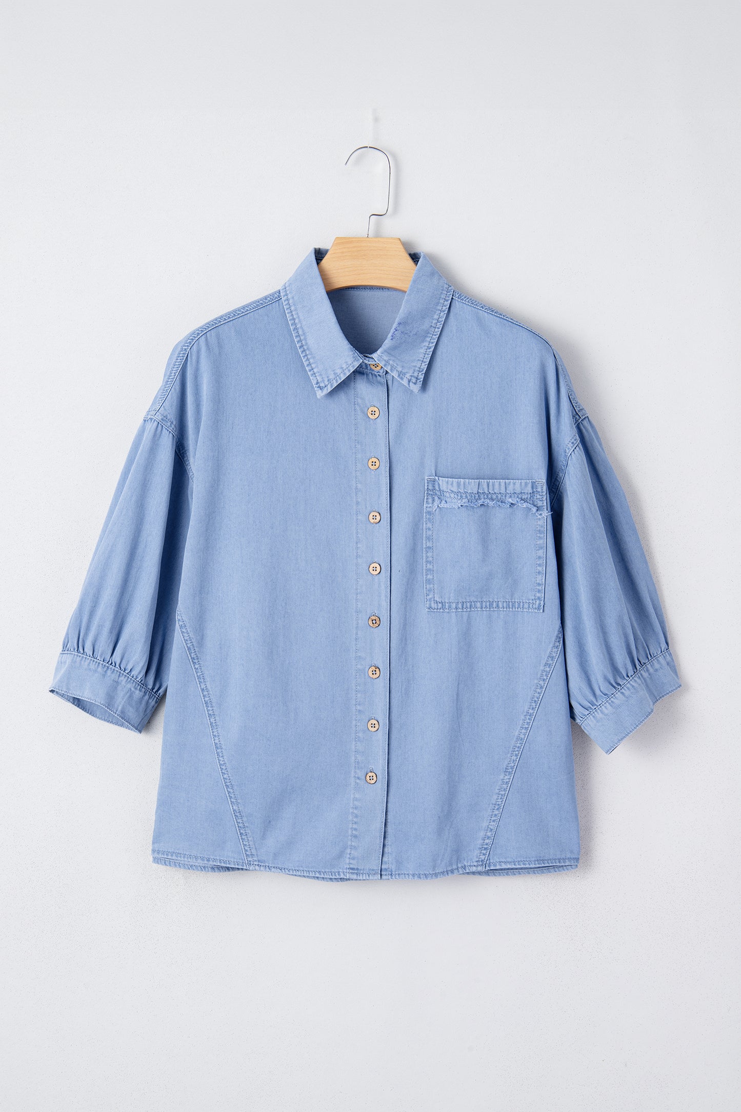 Myosotis Washed Drop Shoulder Bracelet Sleeve Chambray Shirt-Bracelet-[Adult]-[Female]-2022 Online Blue Zone Planet