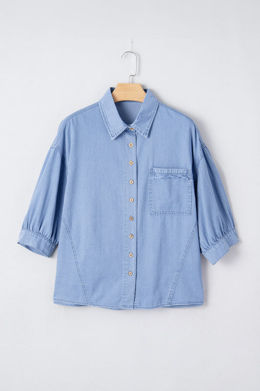 Myosotis Washed Drop Shoulder Bracelet Sleeve Chambray Shirt-Bracelet-[Adult]-[Female]-2022 Online Blue Zone Planet