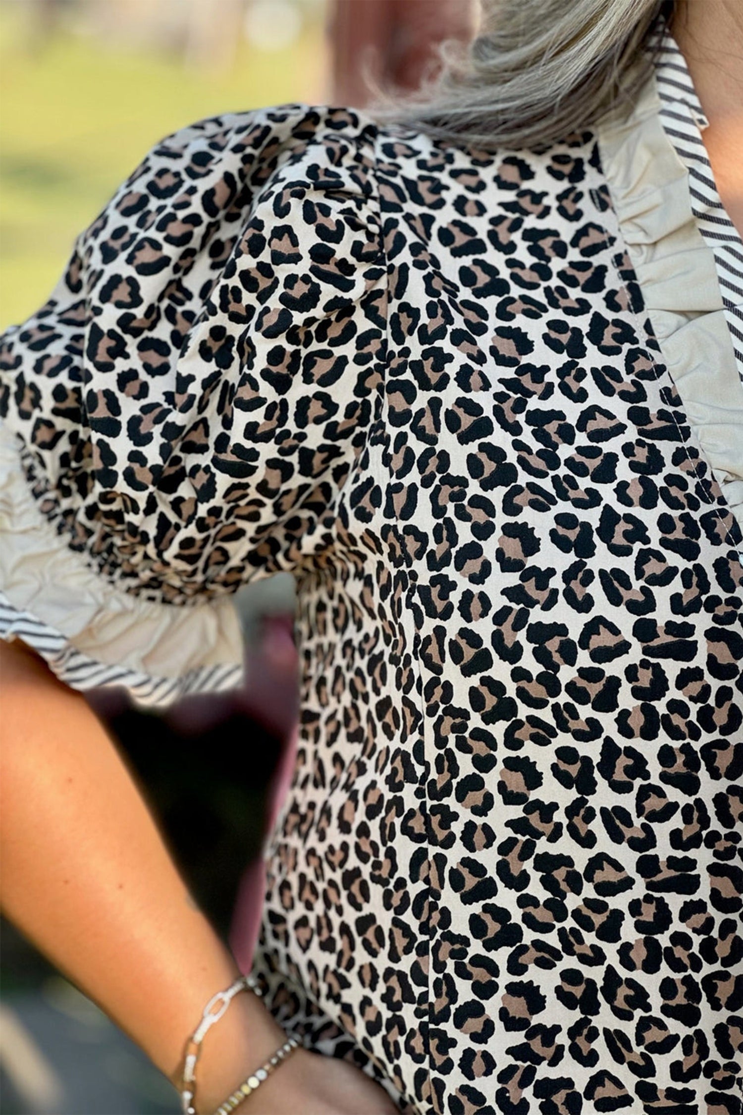 Black Plus Leopard Print Striped Color Block Trim Frilled V Neck Short Sleeve Blouse-Plus Size/Plus Size Tops/Plus Size Blouses & Shirts-[Adult]-[Female]-2022 Online Blue Zone Planet