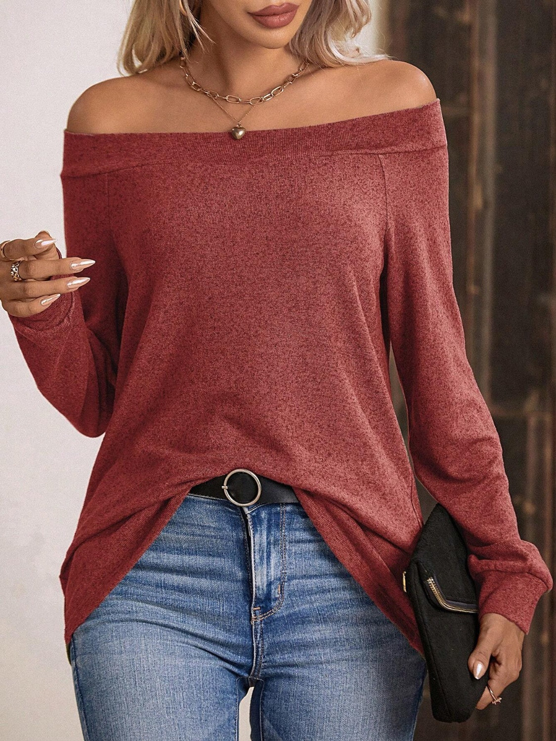 Off-Shoulder Long Sleeve T-Shirt-TOPS / DRESSES-[Adult]-[Female]-Rust-S-2022 Online Blue Zone Planet