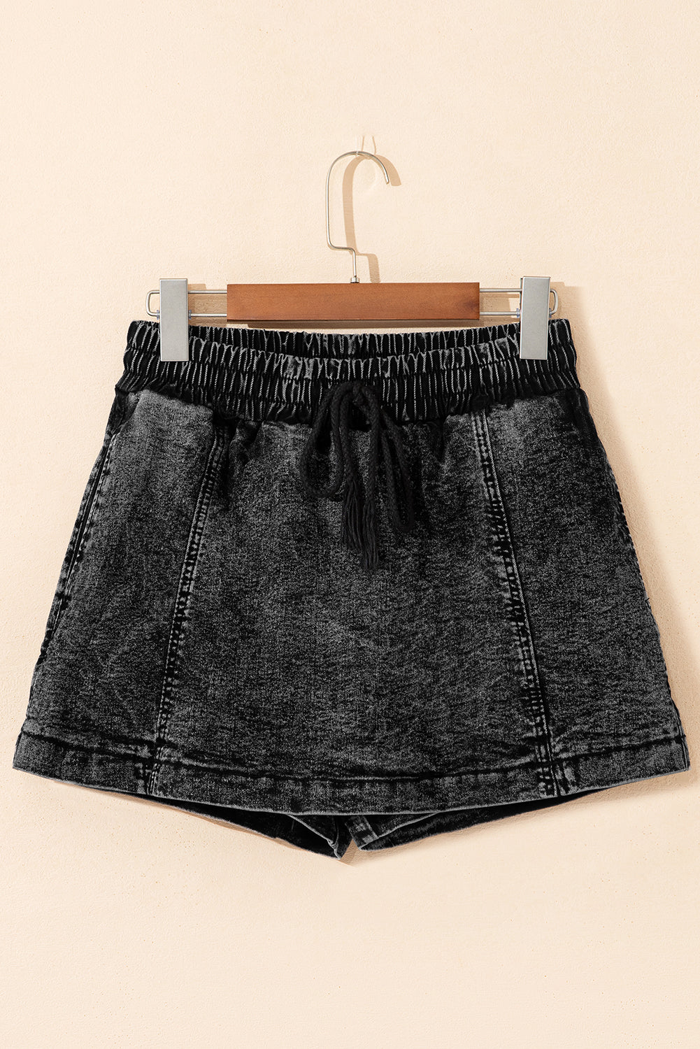 Black Drawstring High Waist Pocketed Denim Shorts-Bottoms/Denim Shorts-[Adult]-[Female]-2022 Online Blue Zone Planet