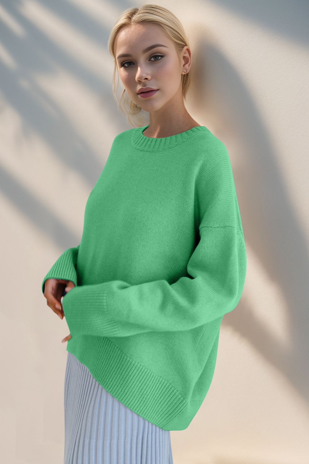 Basic Bae Round Neck Dropped Shoulder Sweater-TOPS / DRESSES-[Adult]-[Female]-2022 Online Blue Zone Planet