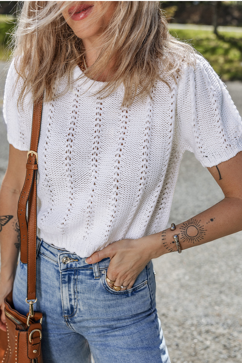White Pointelle Knit Short Puff Sleeve Crewneck Sweater-TOPS / DRESSES-[Adult]-[Female]-2022 Online Blue Zone Planet