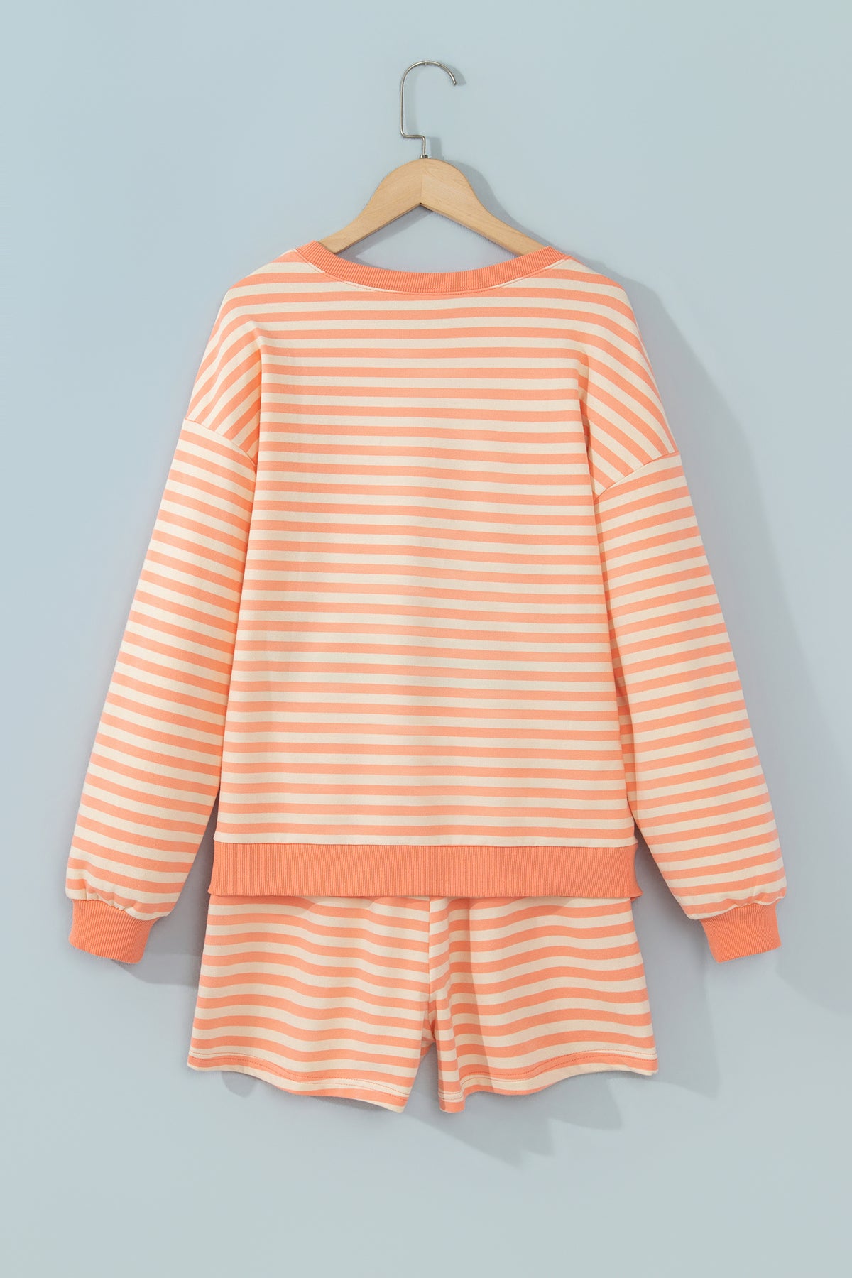 Grapefruit Orange Drop Shoulder Long Sleeve Pullover Elastic Waist Casual Short Set-Two Piece Sets/Short Sets-[Adult]-[Female]-2022 Online Blue Zone Planet