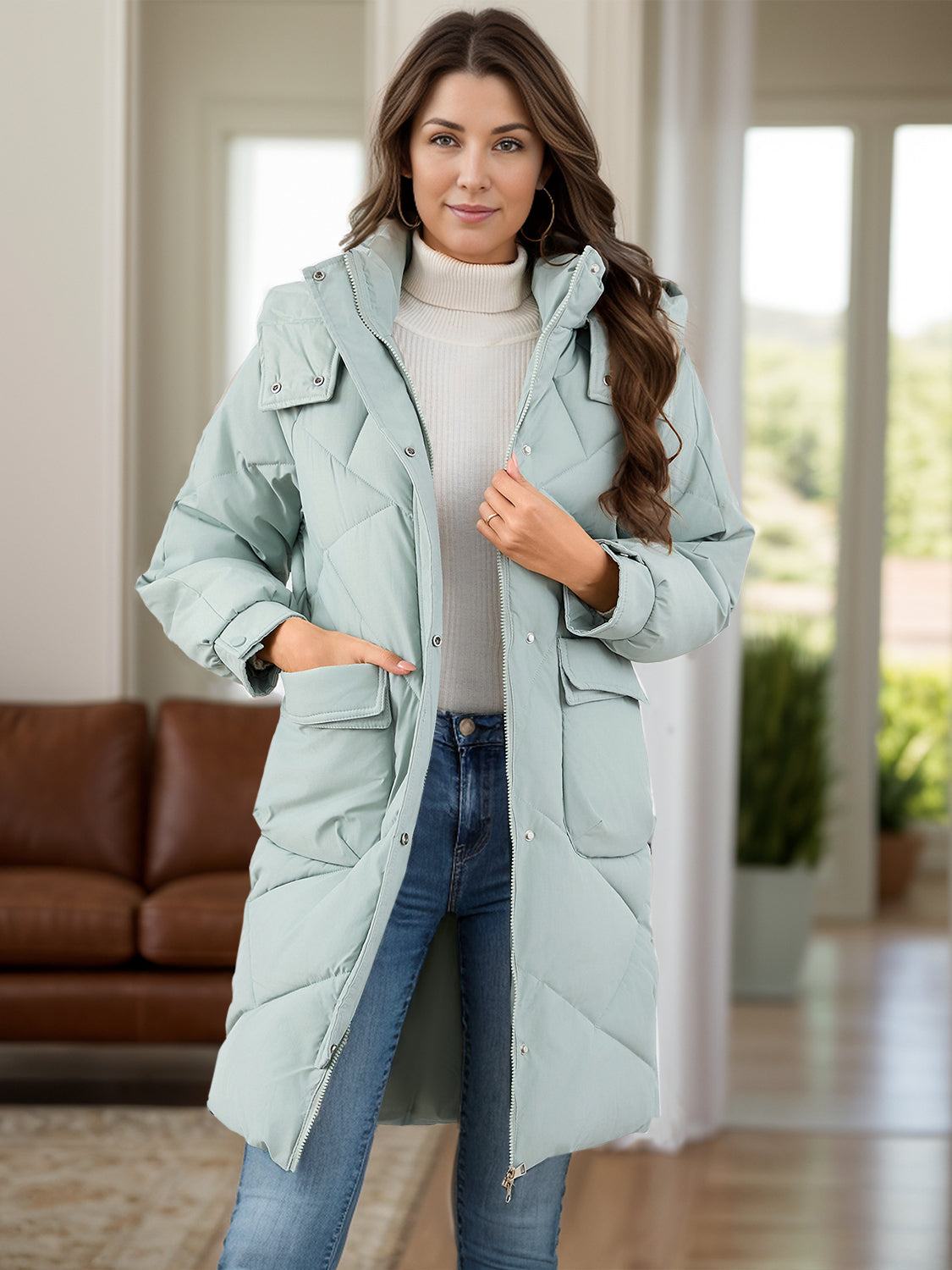 Blue Zone Planet | Long Sleeve Longline Hooded Winter Coat with Pockets-TOPS / DRESSES-[Adult]-[Female]-Sage-S-2022 Online Blue Zone Planet