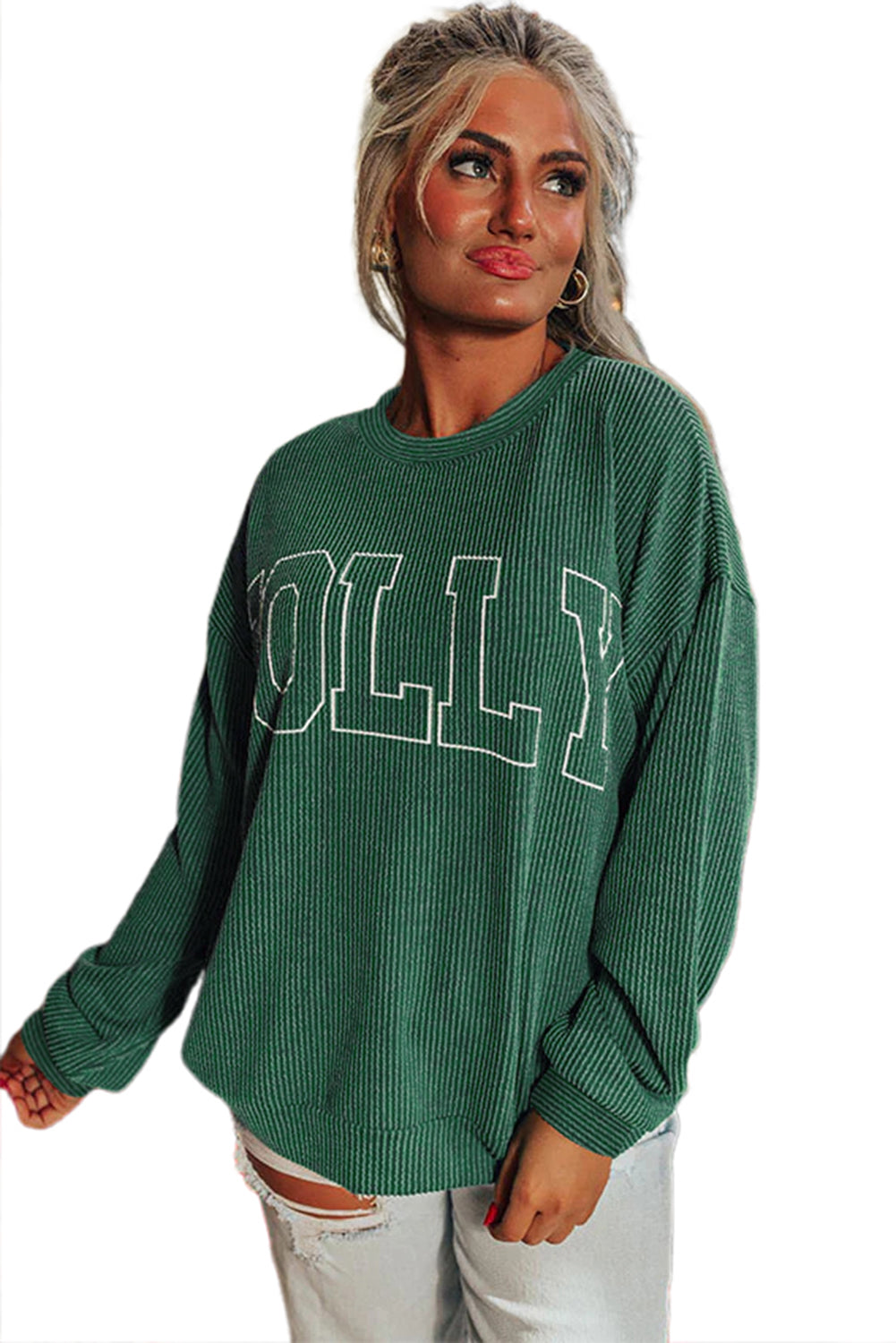Blackish Green Twisted Rib Merry Letter Graphic Loose Long Sleeve Top-Long Sleeve Tops-[Adult]-[Female]-2022 Online Blue Zone Planet