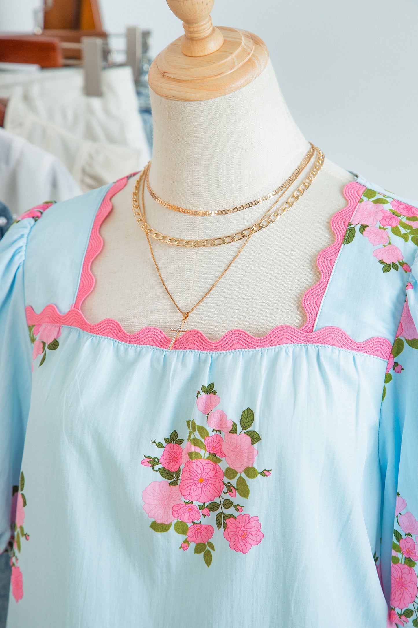 Sky Blue Floral Printed Contrast Ricrac Detail Bubble Sleeve Blouse-Tops/Blouses & Shirts-[Adult]-[Female]-2022 Online Blue Zone Planet