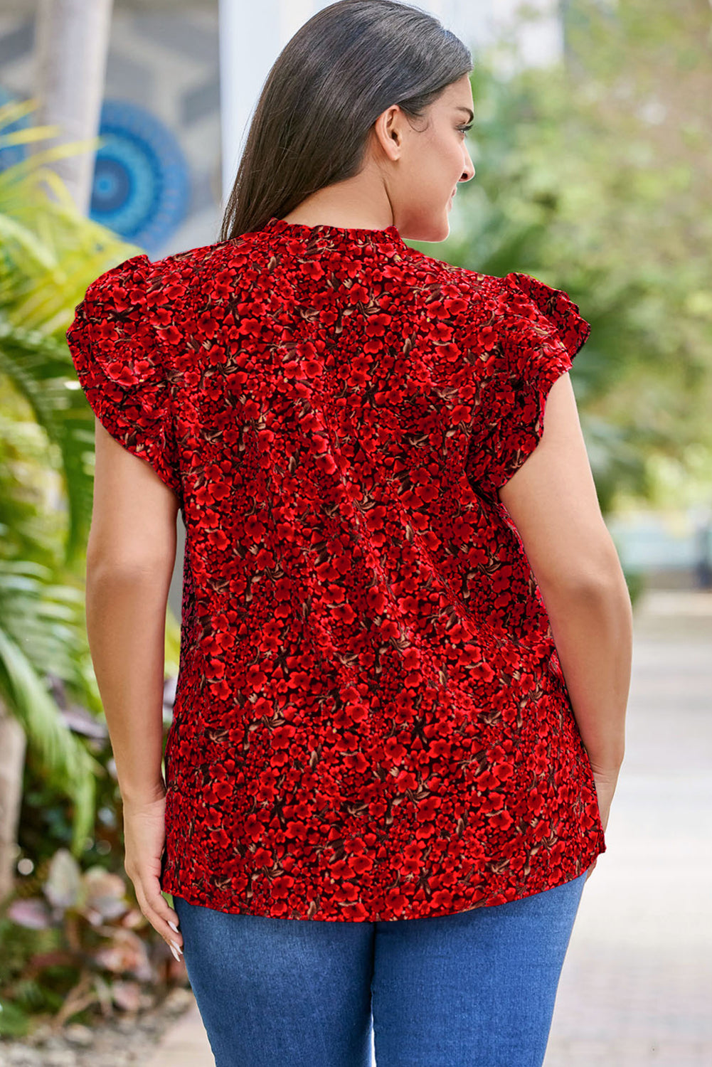 Fiery Red Rose Floral Print Ruffle Sleeve Plus Size Shift Top-Plus Size/Plus Size Tops/Plus Size Blouses & Shirts-[Adult]-[Female]-2022 Online Blue Zone Planet