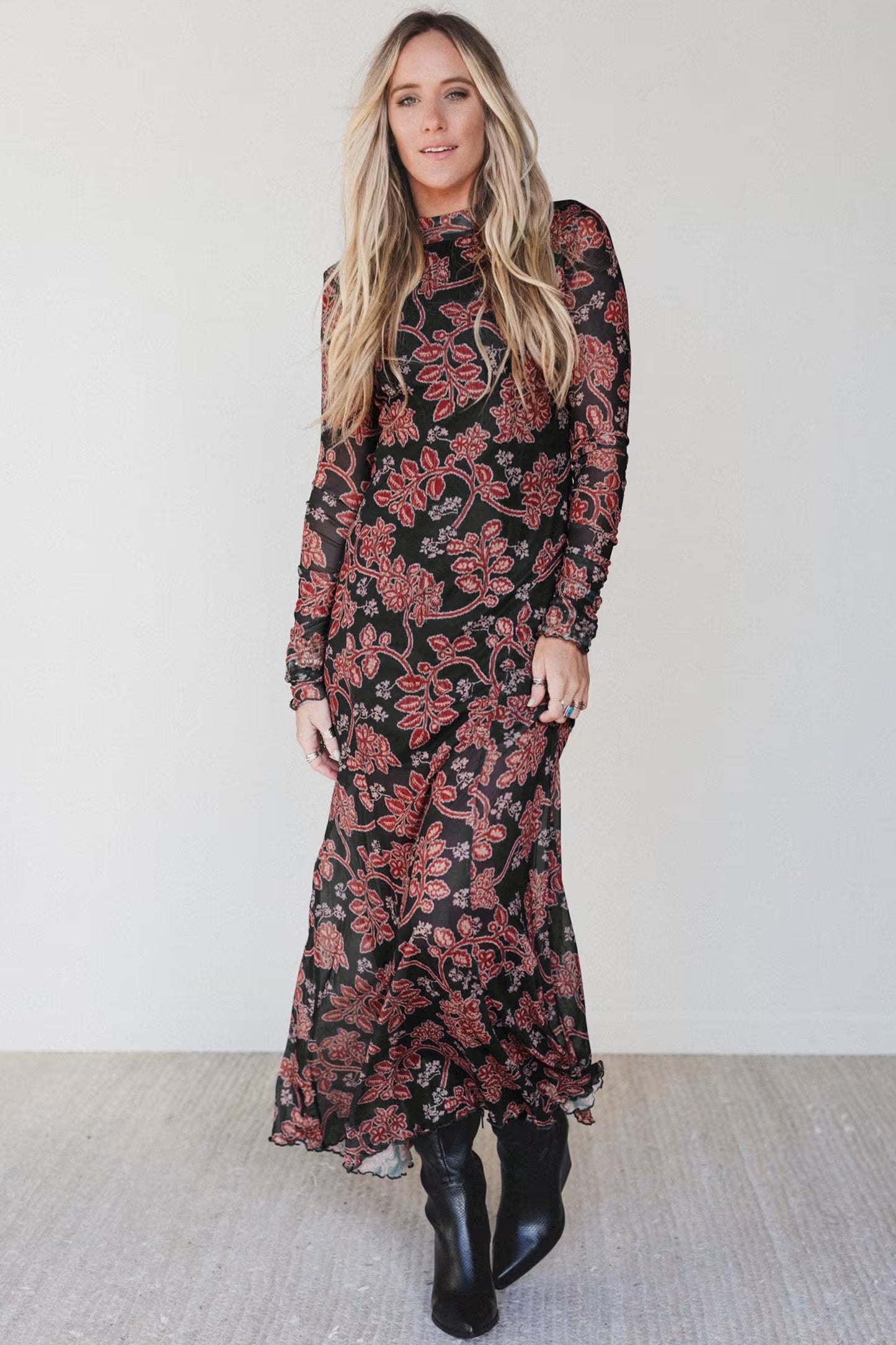 Black Retro Floral Print Long Sleeve Casual Mesh Dress-Dresses/Maxi Dresses-[Adult]-[Female]-2022 Online Blue Zone Planet