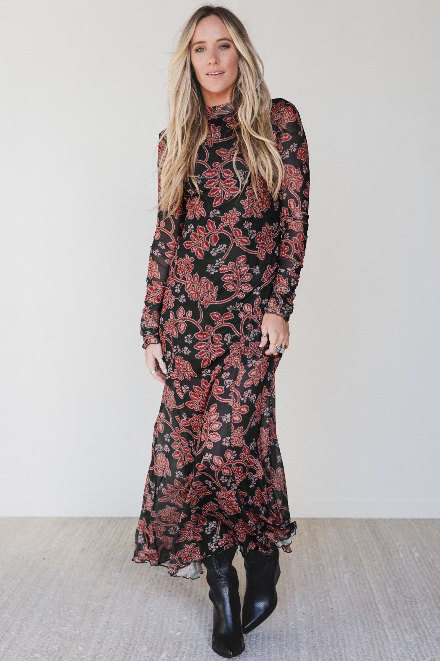 Black Retro Floral Print Long Sleeve Casual Mesh Dress-Dresses/Maxi Dresses-[Adult]-[Female]-2022 Online Blue Zone Planet