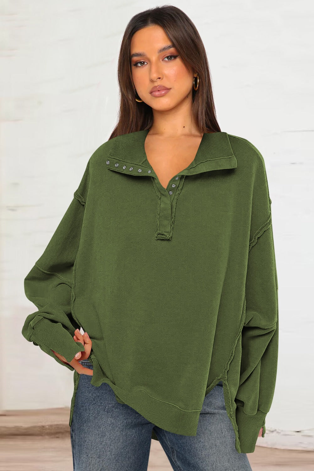 Exposed Seam Side Slit Long Sleeve Sweatshirt-TOPS / DRESSES-[Adult]-[Female]-Army Green-S-2022 Online Blue Zone Planet