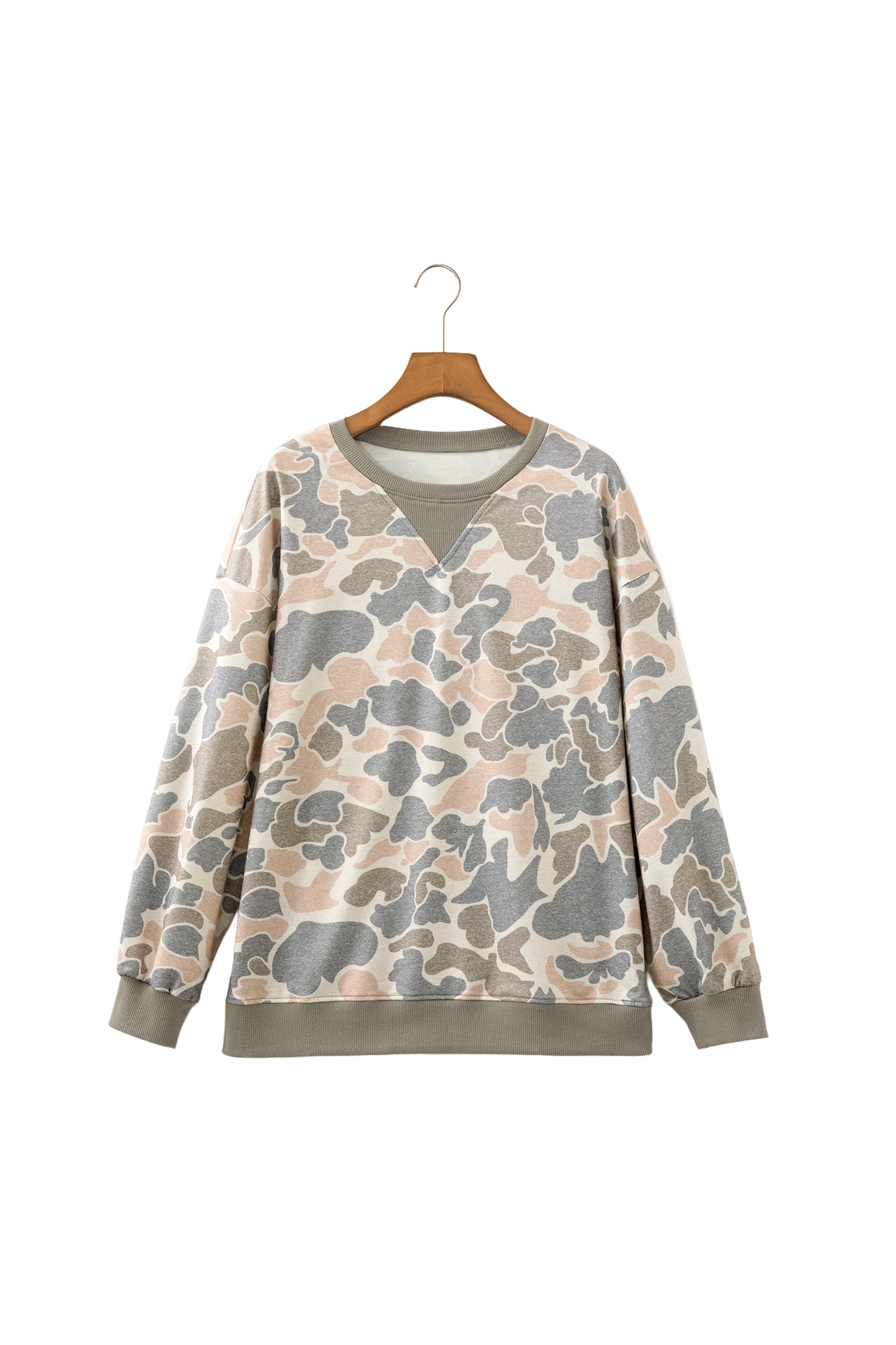 Multicolour Camo Print Ribbed Trim Casual Pullover Sweatshirt-Tops/Sweatshirts & Hoodies-[Adult]-[Female]-2022 Online Blue Zone Planet
