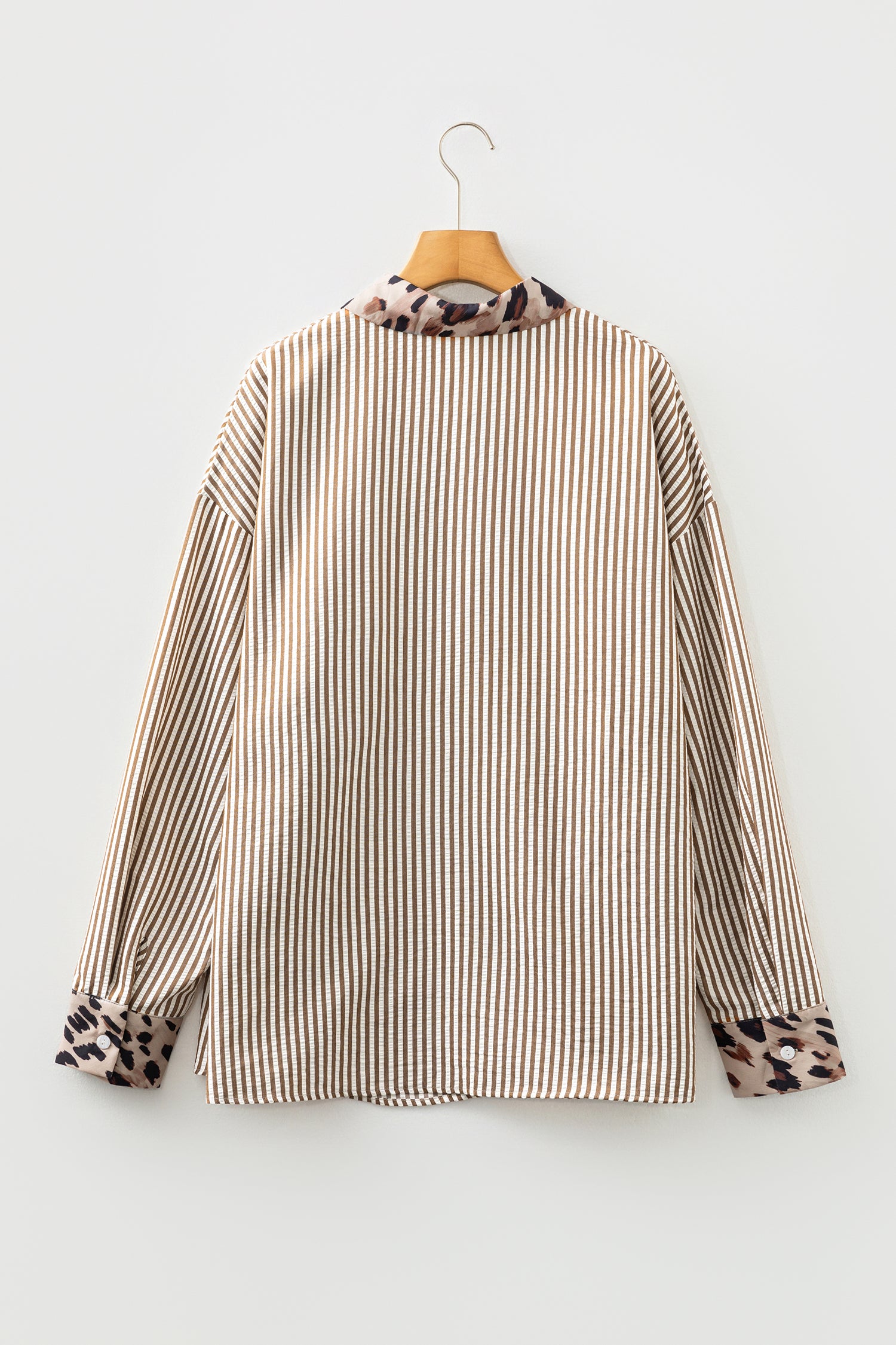 Brown Stripe Leopard Patched Collared Chest Pocket Cuffed Long Sleeve Plus Size Shirt-Plus Size/Plus Size Tops/Plus Size Blouses & Shirts-[Adult]-[Female]-2022 Online Blue Zone Planet