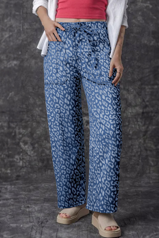 Blue Leopard Printed Drawstring Elastic Waistband Pocketed Wide Leg Jeans-Bottoms/Jeans-[Adult]-[Female]-Blue-6-2022 Online Blue Zone Planet