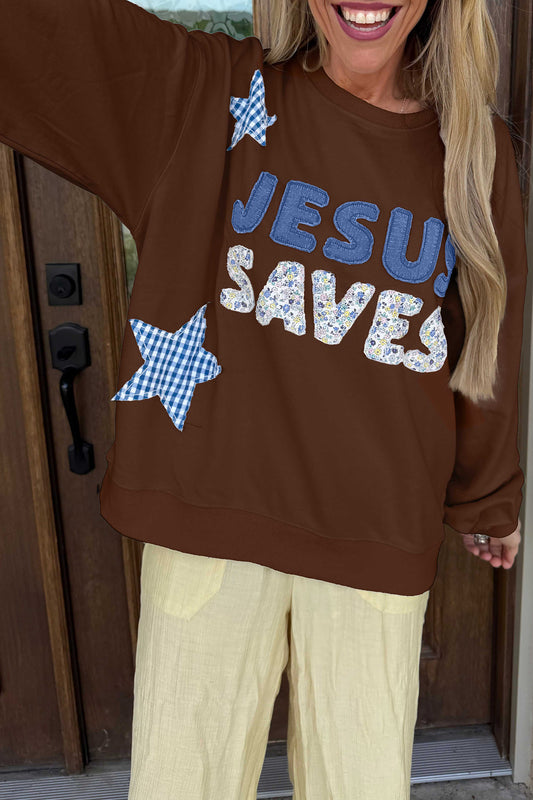 Coffee Patchwork Stars Plaid Unique Floral Letters Baggy Sweatshirt-Tops/Sweatshirts & Hoodies-[Adult]-[Female]-Coffee-S-2022 Online Blue Zone Planet