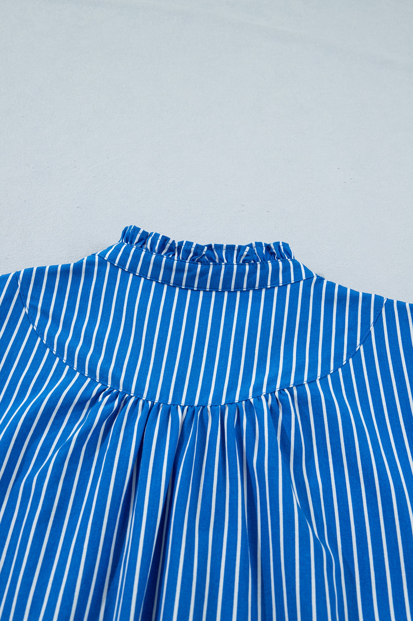 Blue Stripe Ruffled Short Puff Sleeve Button Front Blouse-Tops/Blouses & Shirts-[Adult]-[Female]-2022 Online Blue Zone Planet
