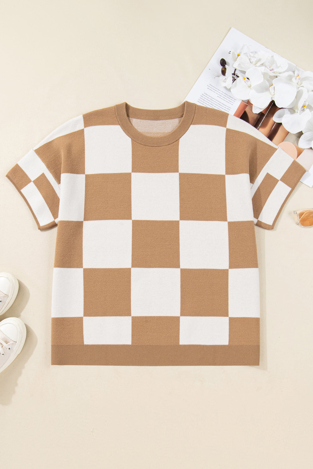 Light French Beige Plus Size Checkered Pattern Knit Short Sleeve Sweater-Plus Size/Plus Size Sweaters & Cardigans-[Adult]-[Female]-2022 Online Blue Zone Planet