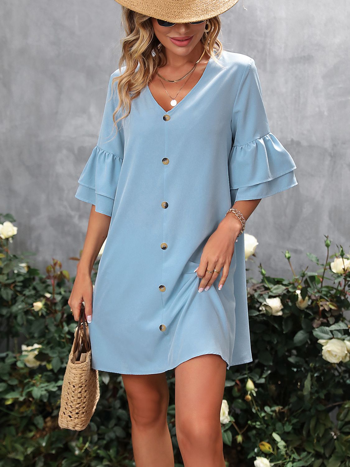 Blue Zone Planet | V-Neck Half Sleeve Mini Dress-TOPS / DRESSES-[Adult]-[Female]-2022 Online Blue Zone Planet